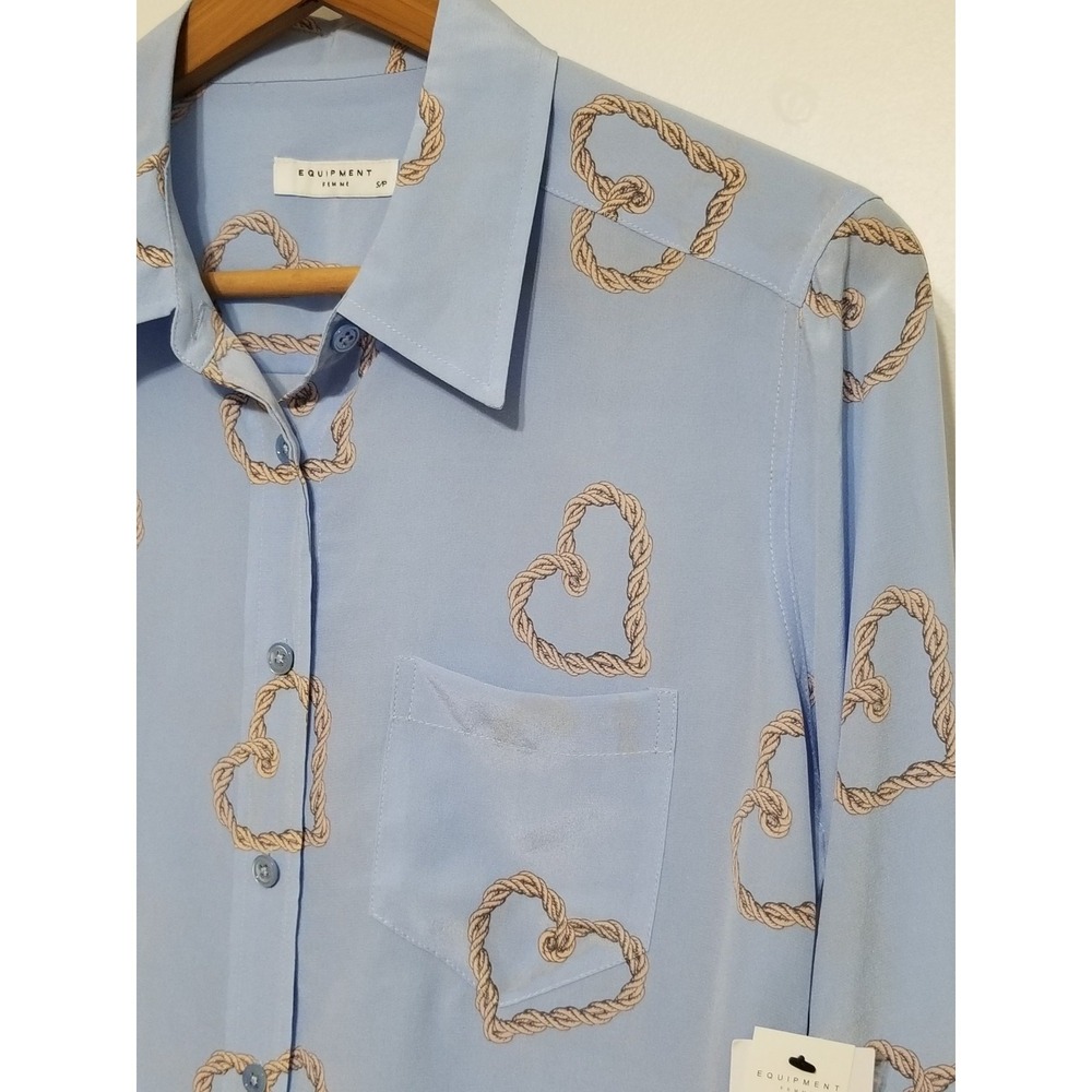Equipment Brett 100% Silk Button Down Shirt Periwinkle Heart Print NWT S $258 - Picture 9 of 16